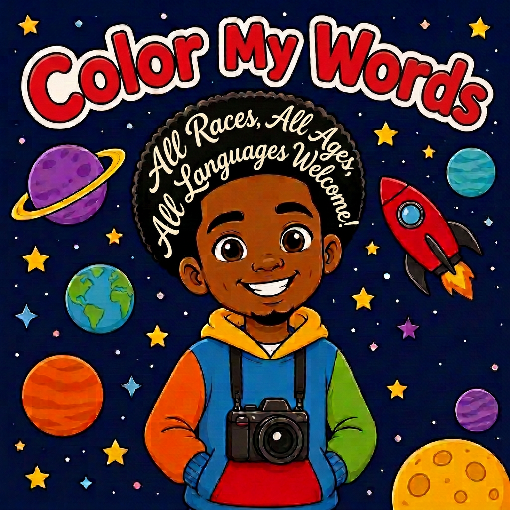 Color My Words cover: a smiling boy with an afro and a camera, floating in outer space with planets, stars, and a red rocket